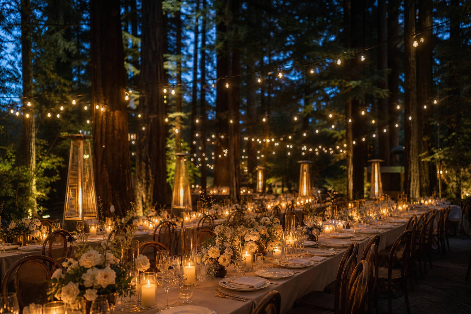 Candlelit redwood wedding reception concept for Deer Park Villa.