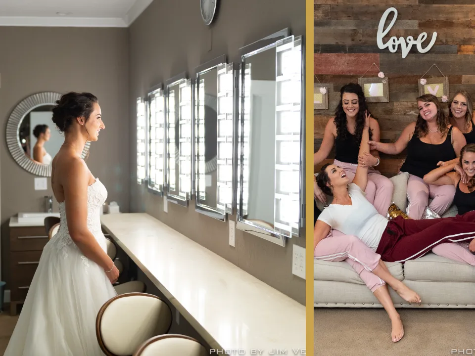 Bride at the vanity and bridesmaids inside Deer Park Villa's Bridal Cottage