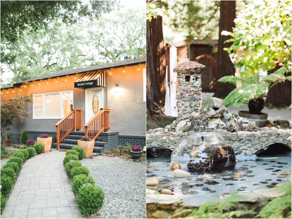 Deer Park Villa Bridal Cottage entrance and garden fountain beneath the redwoods